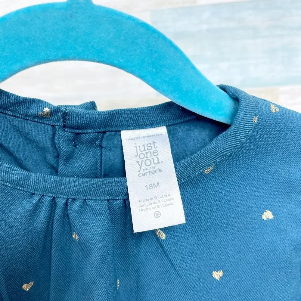 Carters Gold Foil Heart Dress Blue Fit & Flare Bow Toddler Girl 18M 18 Months